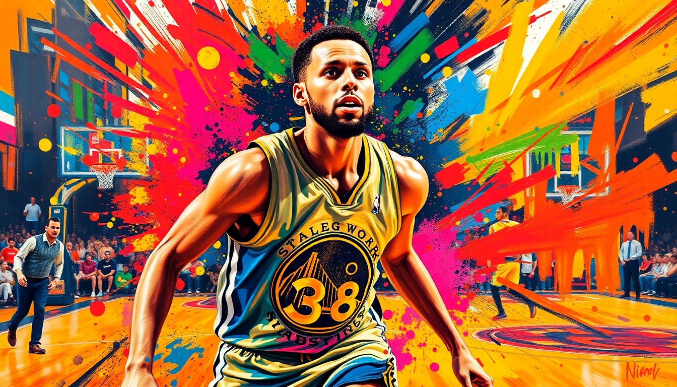 An abstract, expressionist painting featuring bold, energetic brushstrokes in neon colors that capture the dynamic movement and energy of a basketball player, with the player's face and jersey number dissolving into unrecognizable splatters of paint.