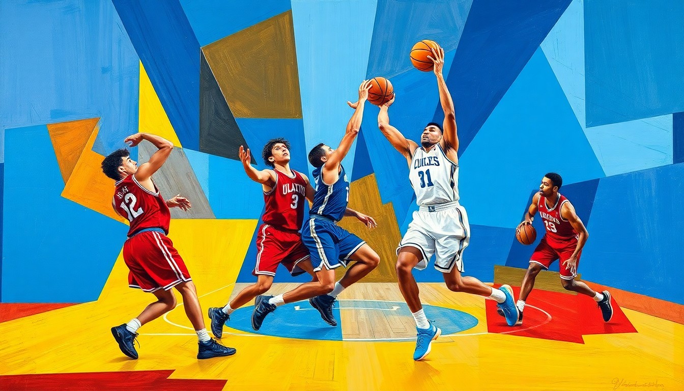 A cubist-style painting featuring fragmented, geometric shapes in primary colors representing the dynamic action of a college basketball game, conceptually illustrating the prestigious Most Outstanding Player award.