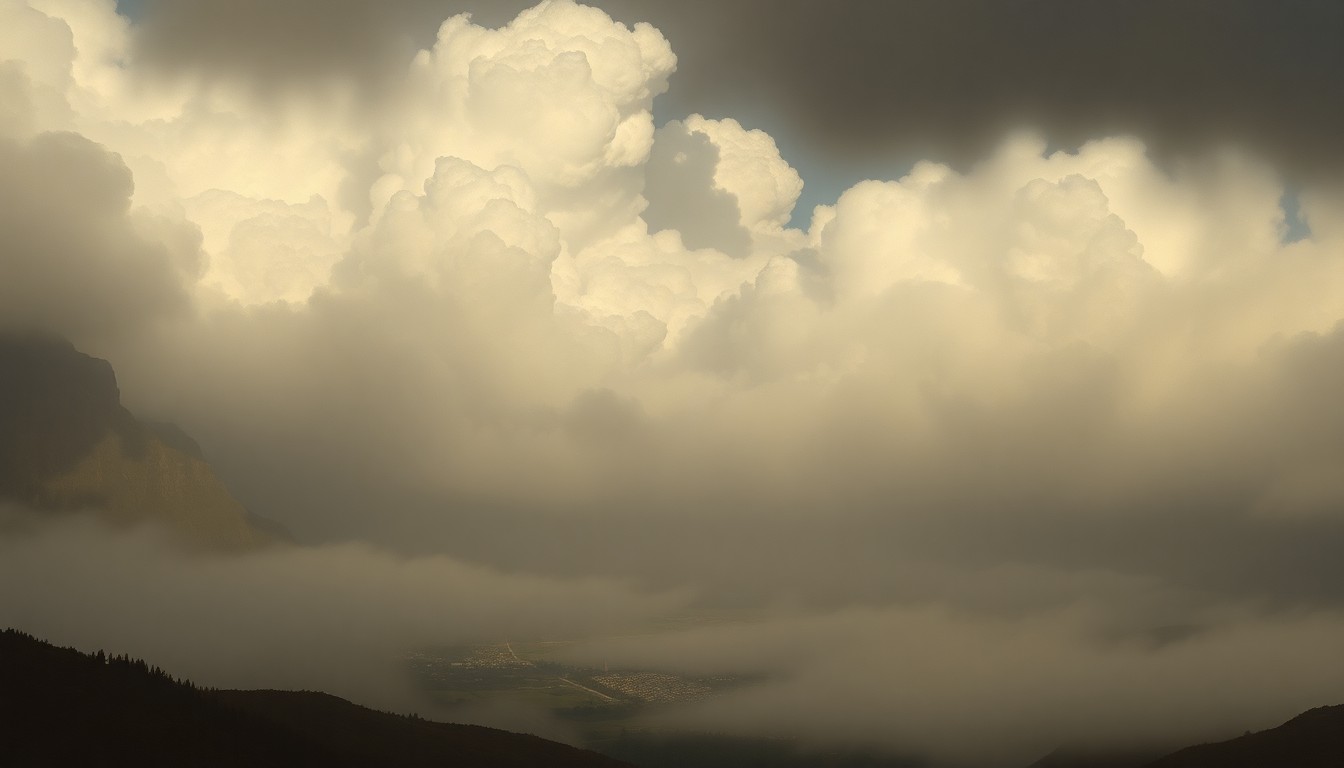 A sweeping, atmospheric landscape painting in muted tones of gray, blue, and green, depicting a small coastal town nestled between towering storm clouds and a vast, misty horizon, conveying the overwhelming power of nature.
