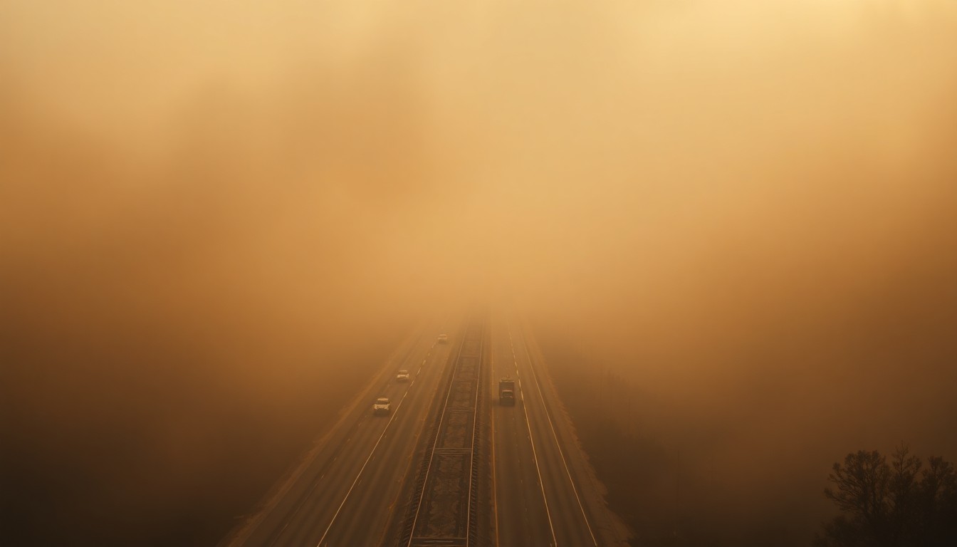 A sweeping, atmospheric landscape painting in muted tones of gray, brown, and blue, with a faint outline of an interstate highway cutting through a dense, smoky haze, conceptually representing the impact of a brush fire on a major transportation route.