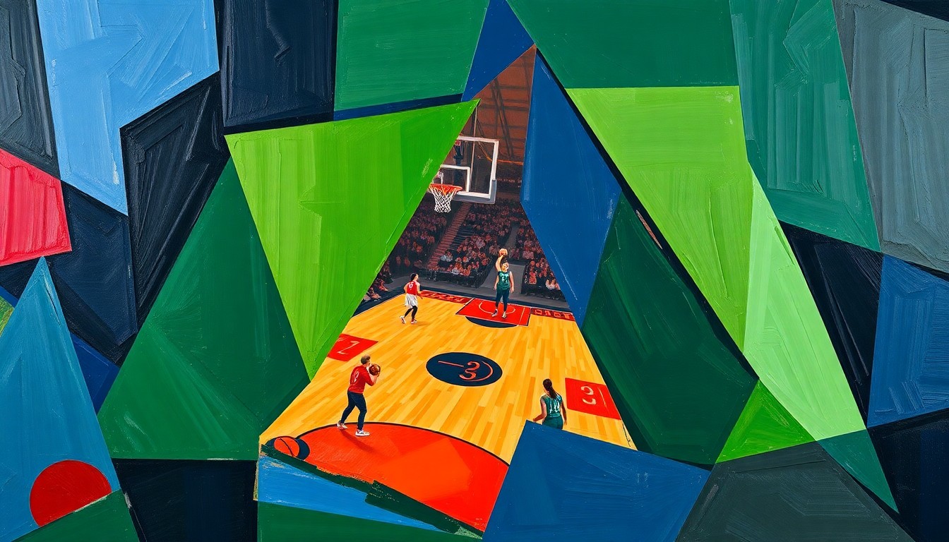 A cubist, geometric painting depicting a fragmented women's basketball game, with overlapping planes of navy, green, and red creating a dynamic, abstract representation of the intense competition expected in the Final Four.