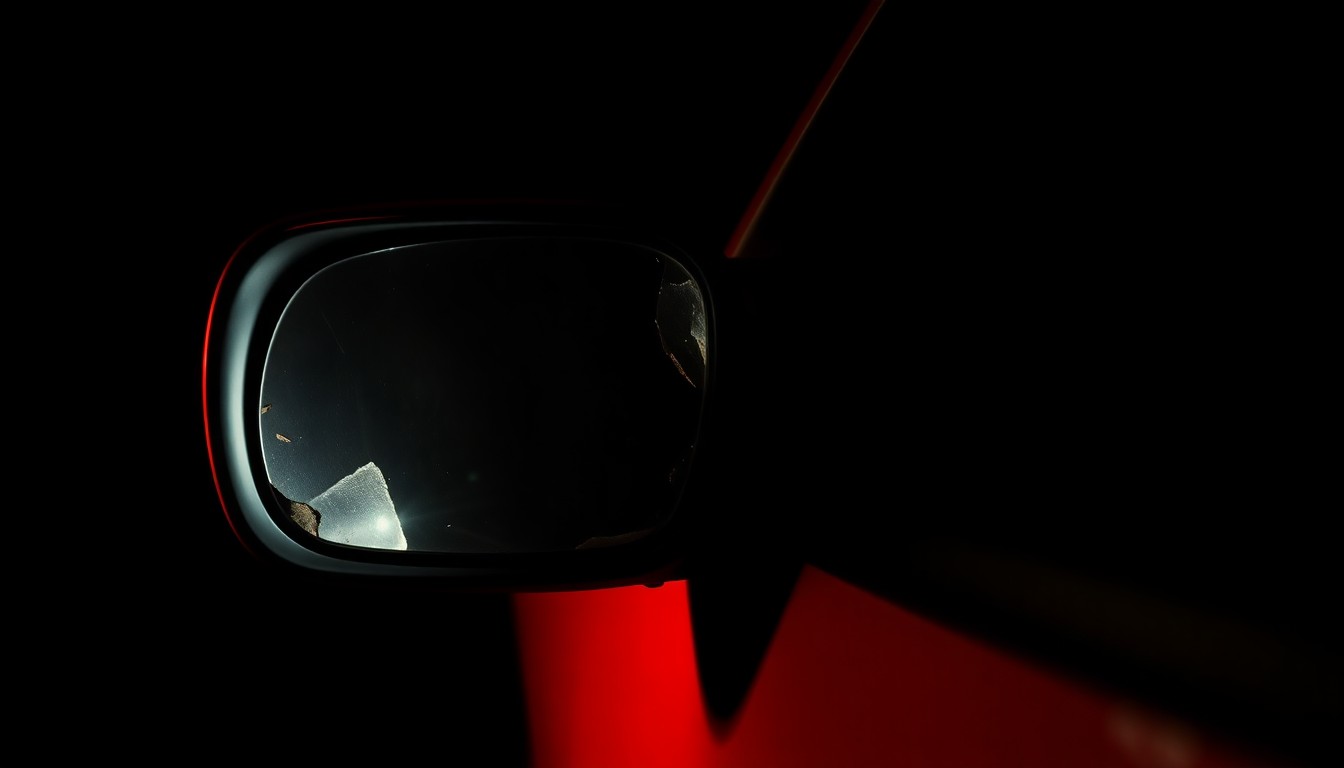 An extreme close-up photograph of a car's damaged side mirror, the harsh flash illuminating the jagged edges and cracked glass in stark detail against a pitch-black background, conveying the serious and investigative nature of this crime.