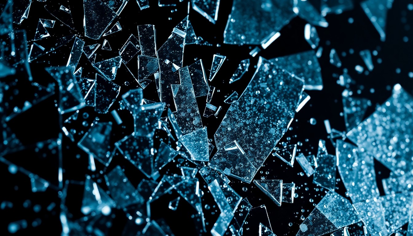 An abstract close-up image of shattered glass and metal textures, lit dramatically to create a high-contrast, high-fashion aesthetic, conceptually representing the violent fragmentation of war.