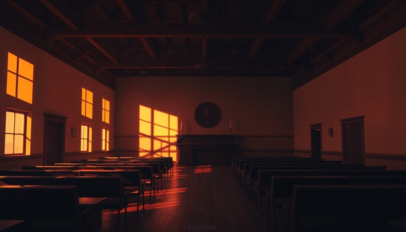 A dimly lit, cinematic interior scene of an empty town hall meeting room, with warm sunlight streaming in through the windows and casting deep shadows across the empty chairs and tables, creating a sense of quiet contemplation and civic responsibility.