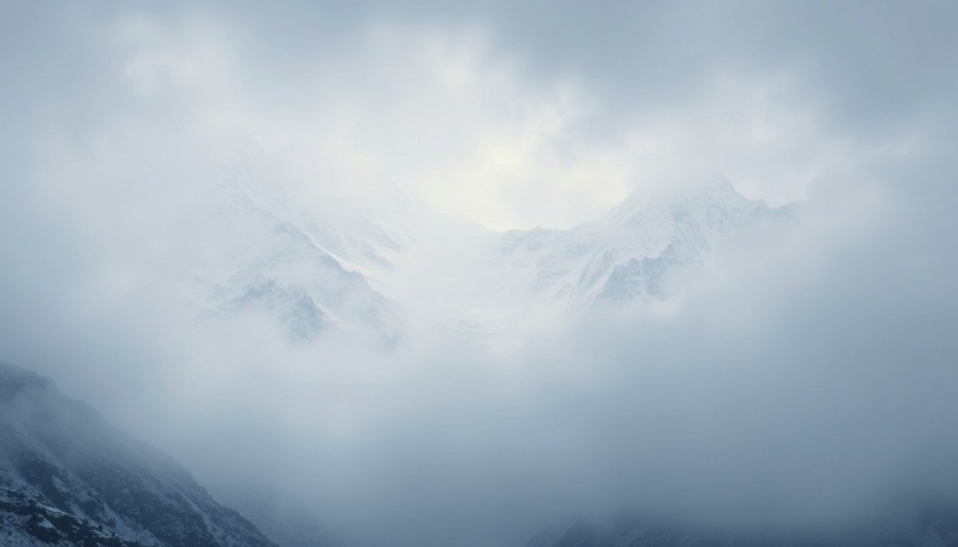 A vast, majestic landscape painting in muted tones of gray, white, and blue, depicting a snow-covered mountain range shrouded in heavy fog and atmospheric light. The towering peaks dominate the scene, conveying the overwhelming, sublime scale of the natural world.