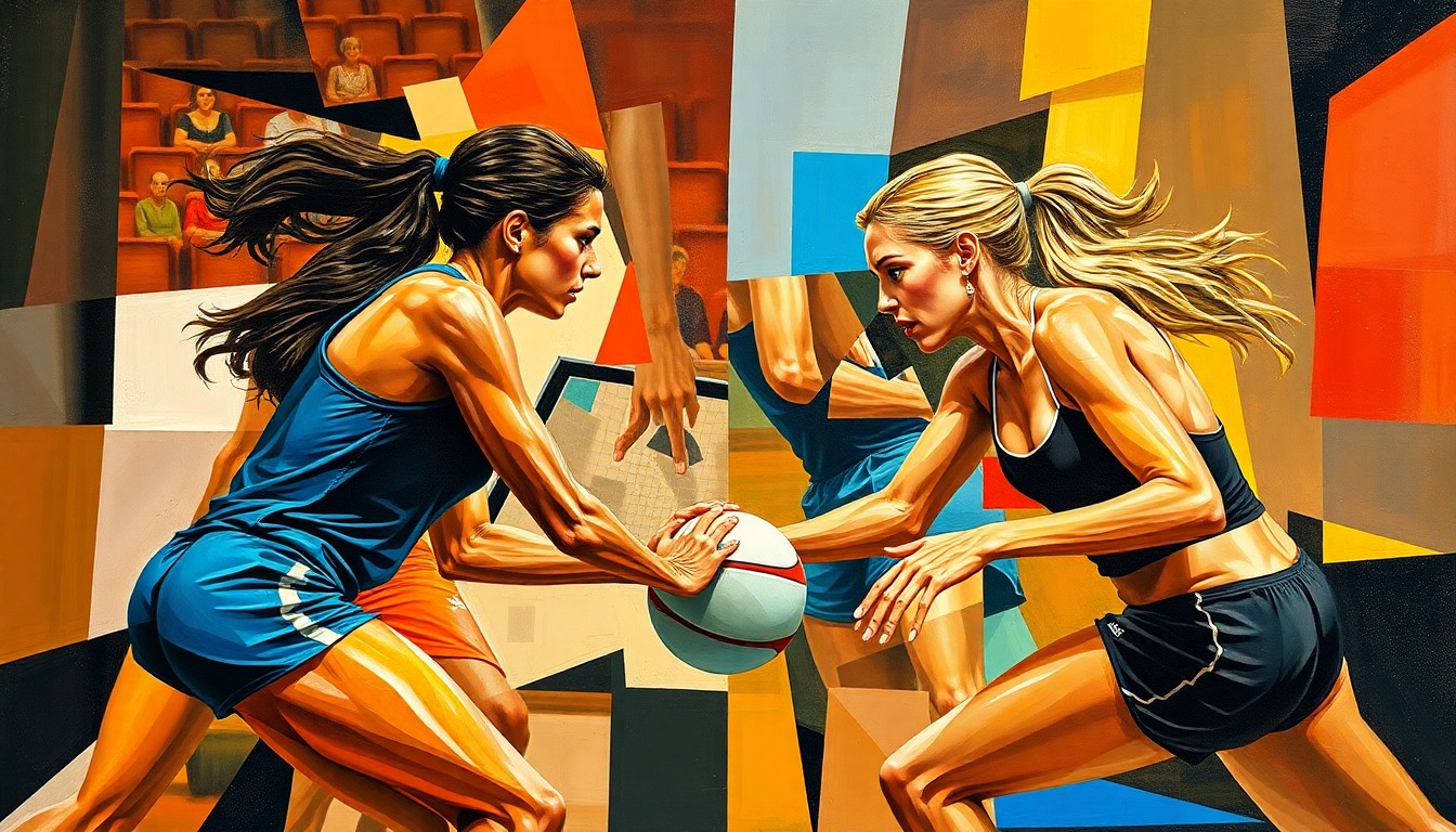 A cubist, geometric painting depicting a fractured, multi-angled scene of a sports competition, with sharp, overlapping planes of color and form representing the complex and contentious nature of this issue.