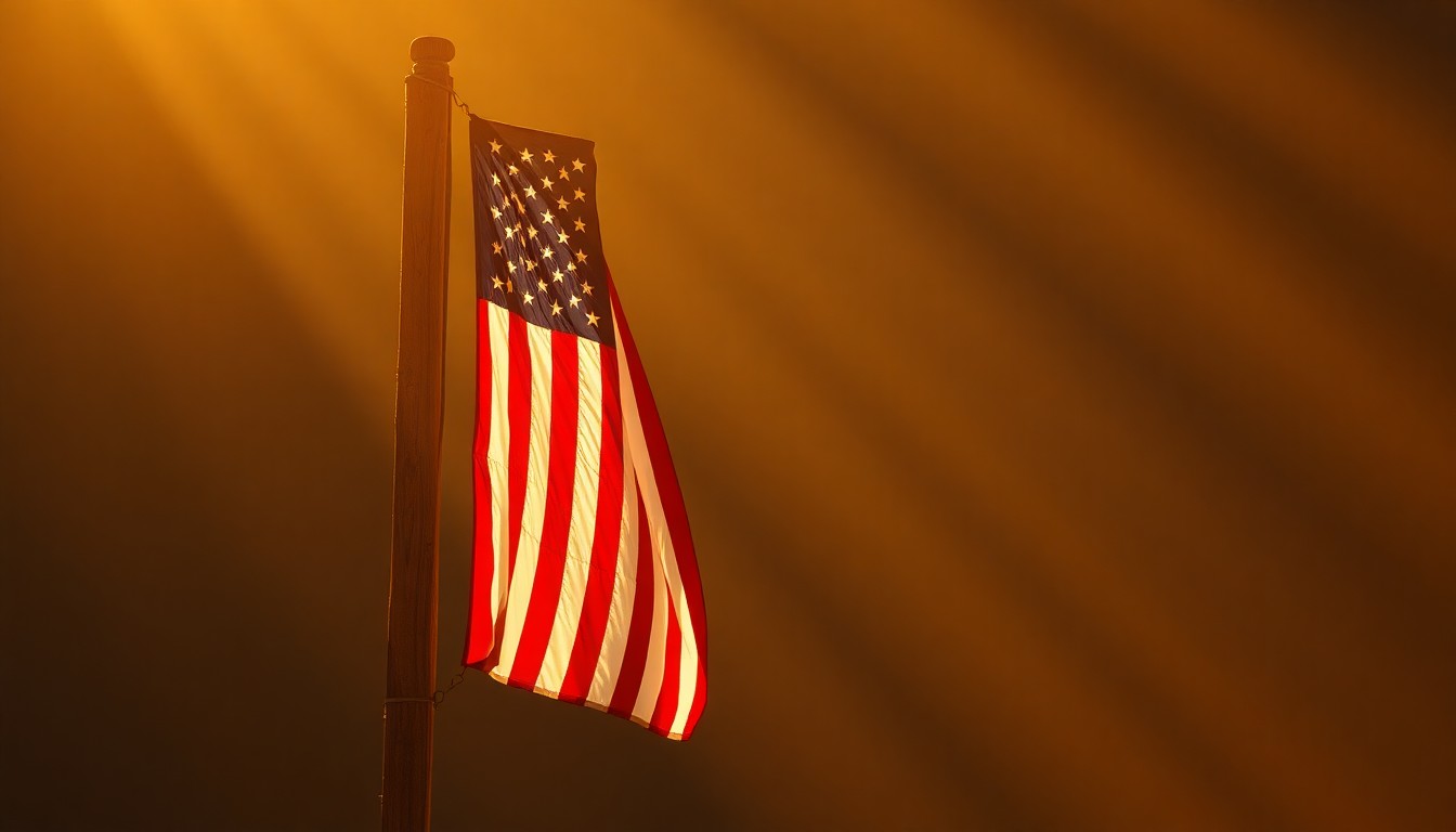 A close-up view of an American flag hanging on a weathered wooden post, the fabric softly illuminated by warm, diagonal sunlight and deep shadows, creating a contemplative, cinematic mood about the meaning of citizenship in America.