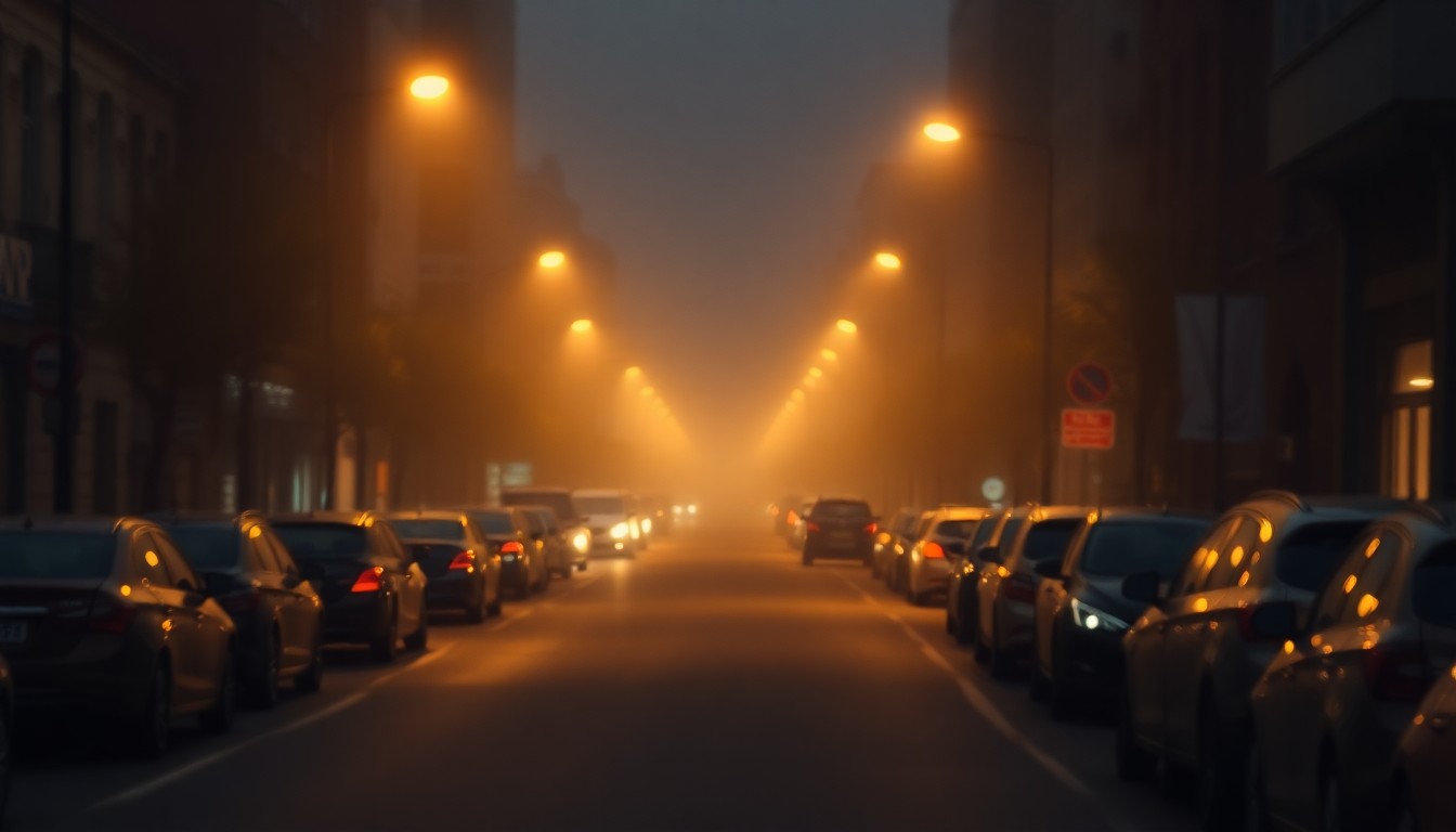 An abstract, out-of-focus scene of a city street at night, with the faint outlines of parked cars and streetlights casting a warm, golden glow, conveying a sense of urban tranquility before the upcoming street cleaning operation.