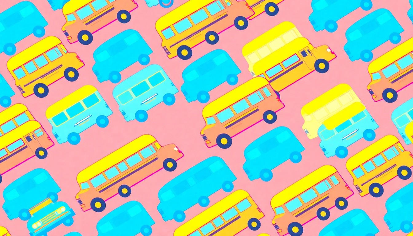 A bold, abstract grid of neon-colored school bus icons, representing the investment in Slaton ISD's transportation and facilities.