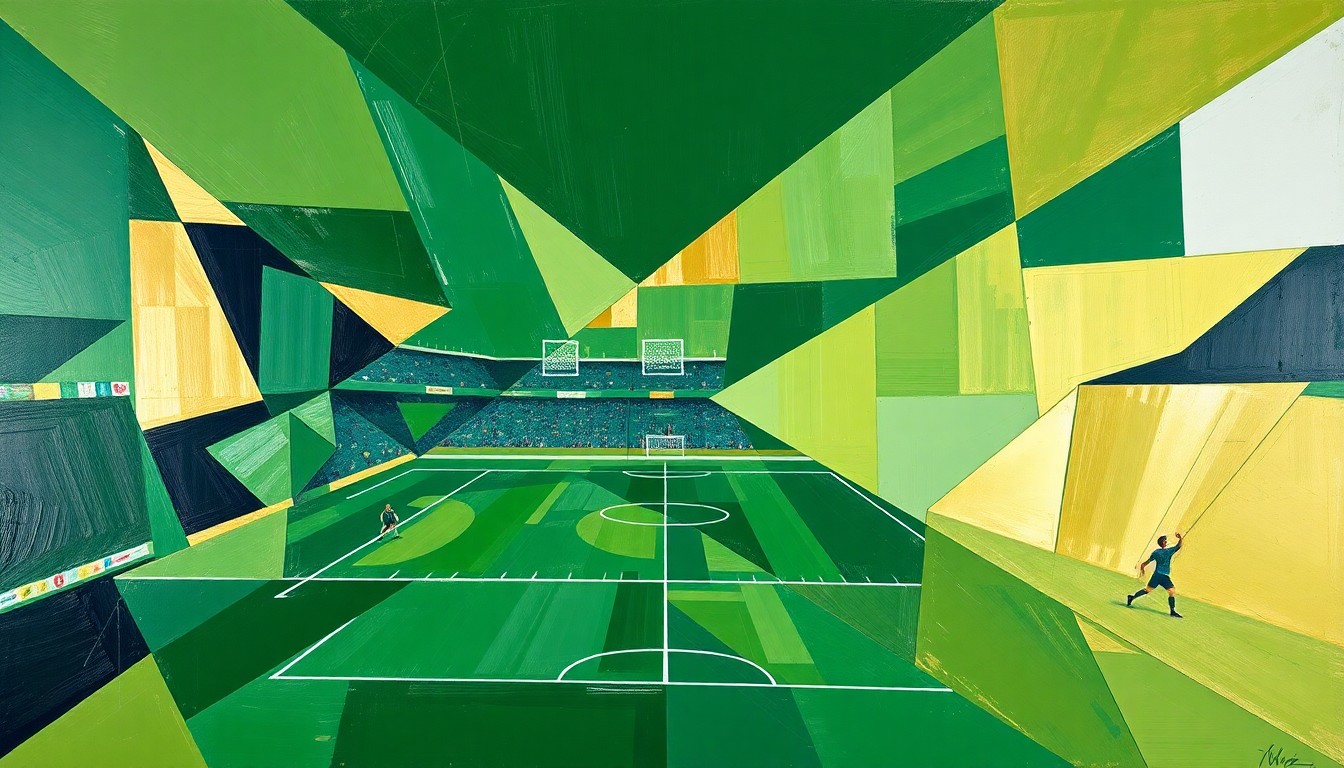 A cubist, geometric painting depicting a fragmented football field, with players and equipment broken down into overlapping angular shapes in shades of green, gold, and navy blue.