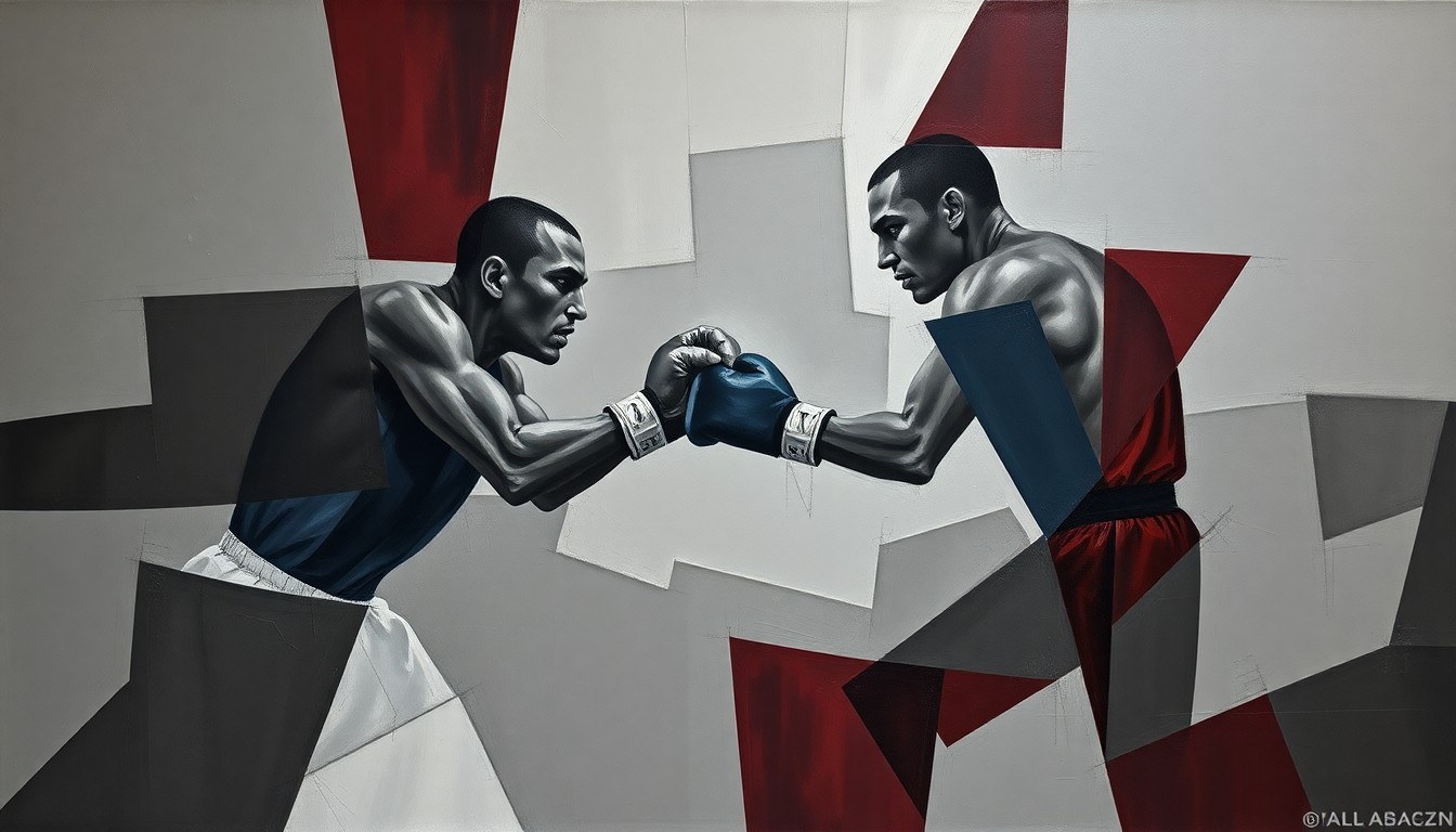 A cubist-style painting depicting a fragmented, multi-angled view of a boxing match, with sharp geometric shapes and planes in muted colors representing the complex challenges of implementing national safety standards across the decentralized sport.