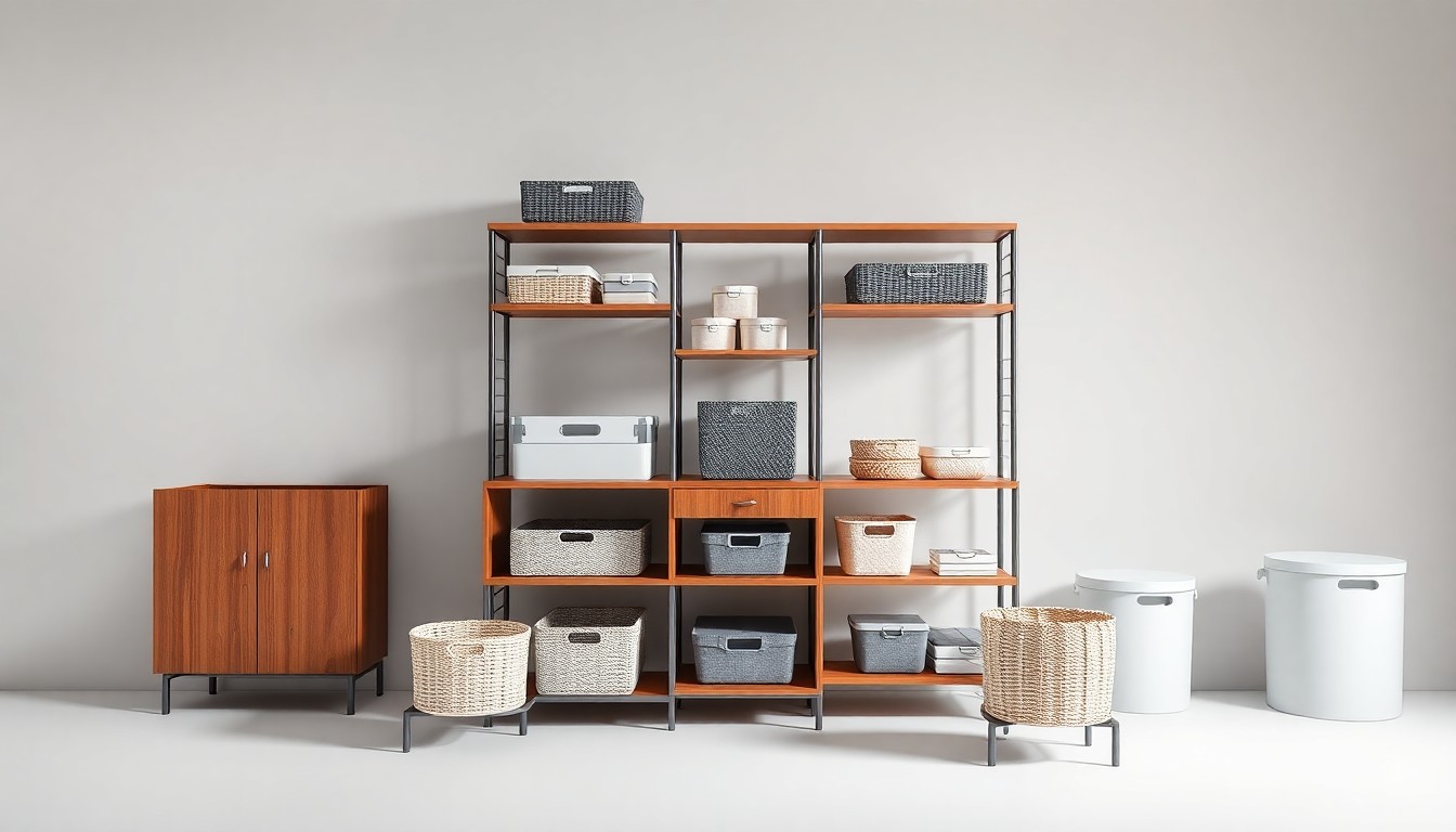 A high-end, photorealistic studio still-life featuring a sleek, modern storage unit and neatly arranged home organization accessories, conveying the merger of Bed Bath & Beyond and The Container Store's capabilities.