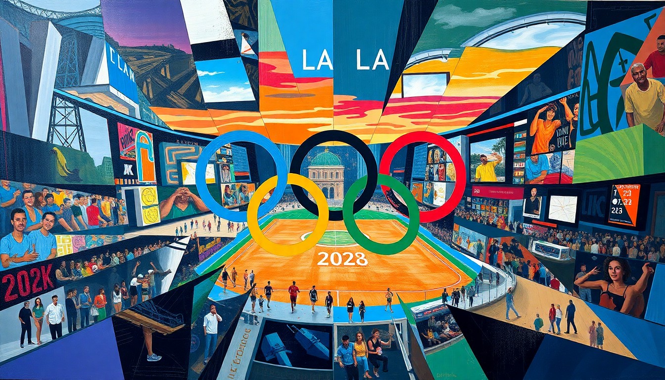 A cubist, geometric painting depicting fragmented, overlapping shapes and planes in vibrant colors, representing the anticipation and energy surrounding the 2028 LA Olympics.
