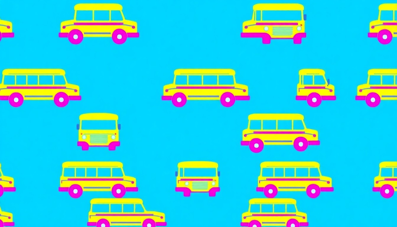 A bold, abstract silkscreen illustration featuring a repeating icon of a school bus in a grid of neon blue, pink, and yellow, conceptually representing the changes coming to the Peoria school board.