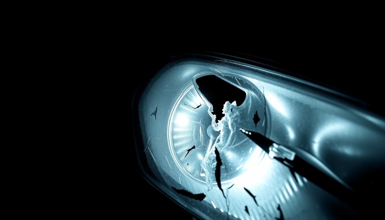An extreme close-up photograph of a damaged car part, such as a crumpled side mirror or shattered headlight lens, lit by a harsh, direct camera flash against a pitch-black background, conceptually illustrating the aftermath of a serious highway accident.