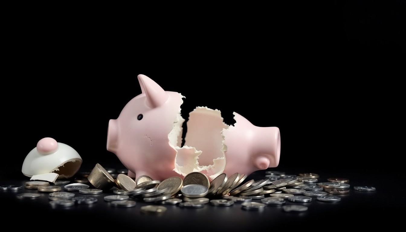 An extreme close-up of a shattered piggy bank reflecting a harsh, direct flash of light, conceptually illustrating the theft of educational funds.