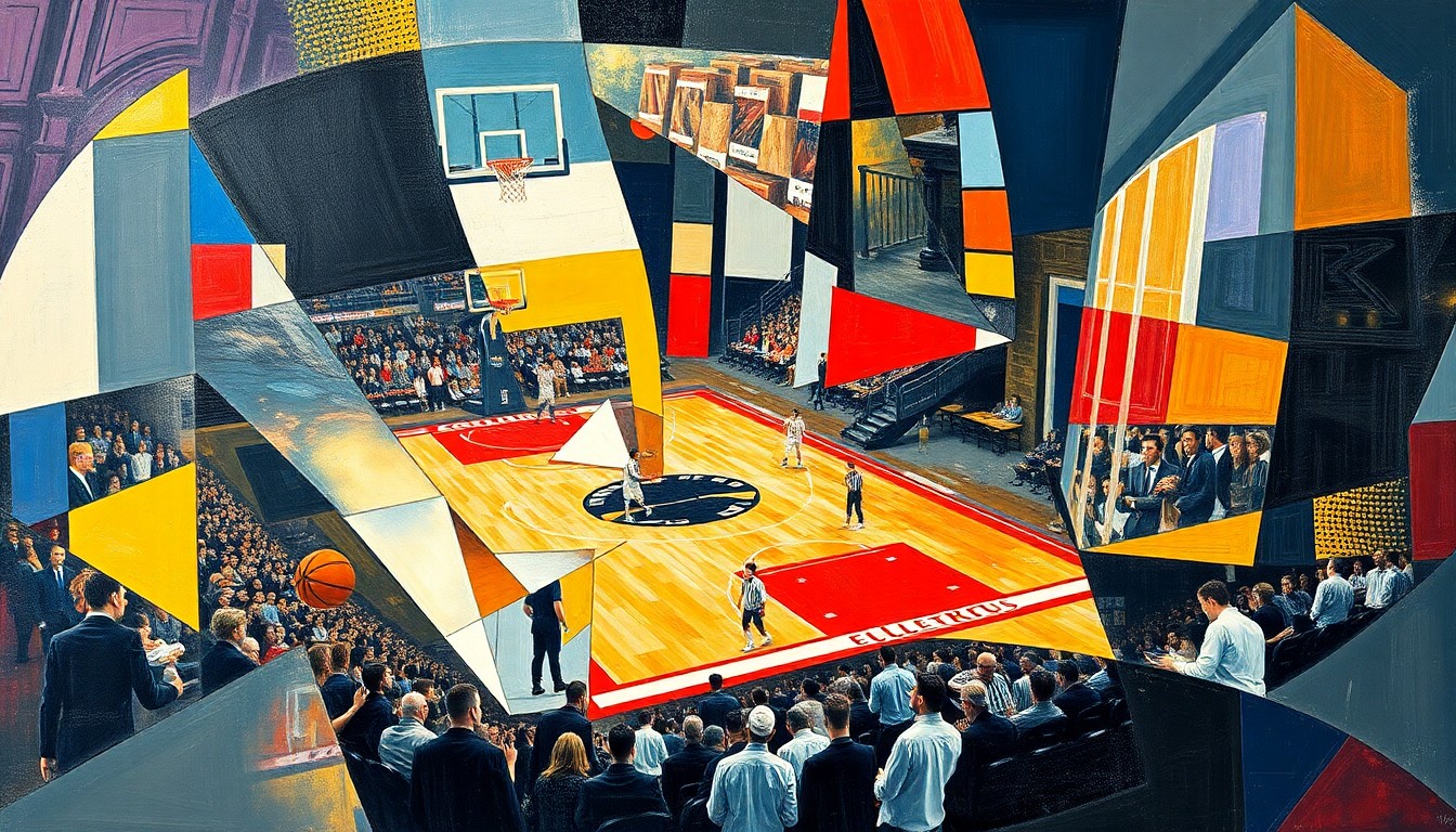A cubist, geometric painting depicting a fragmented college basketball game, with sharp, overlapping planes of color and form representing the tension and disappointment of Duke's recent tournament losses.