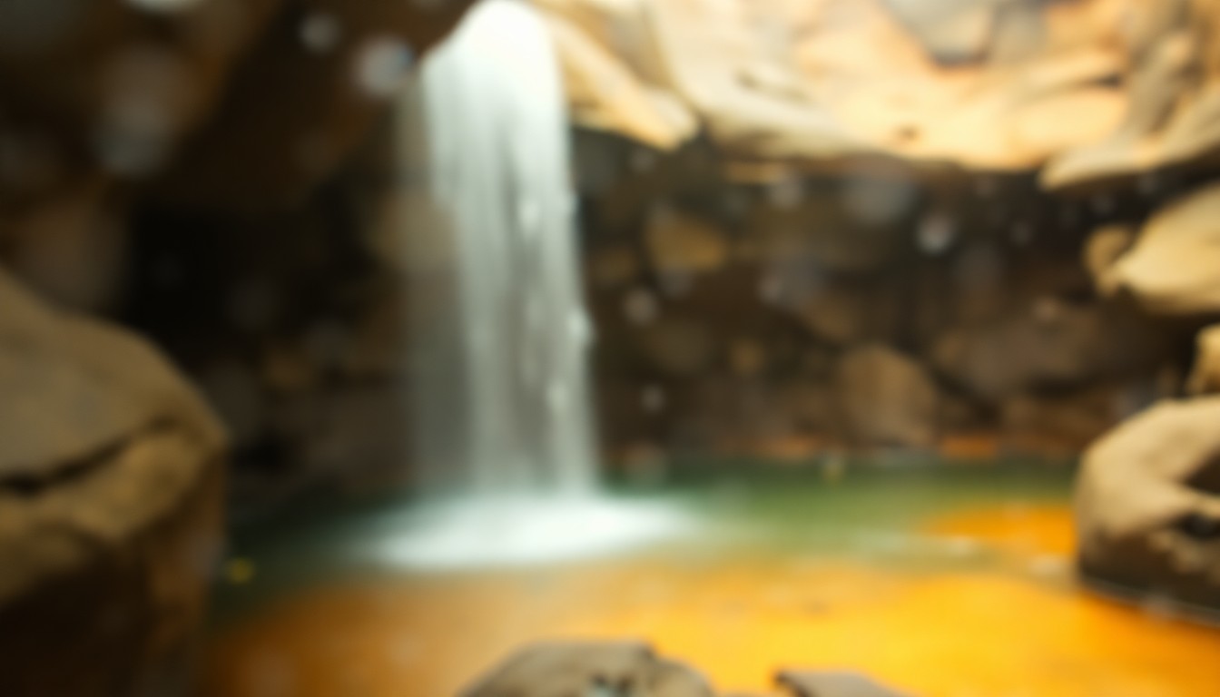 An impressionistic, dreamlike scene of a waterfall cascading over rocky outcroppings, with the outline of a home's structure barely visible through the hazy, atmospheric lighting, conveying a sense of tranquility and timelessness.