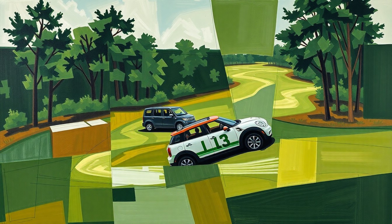 A fragmented, cubist-style painting depicting a golf course scene with a crashed SUV, broken down into sharp, overlapping geometric shapes in muted earth tones, conceptually representing the complex aftermath of Tiger Woods' accident.