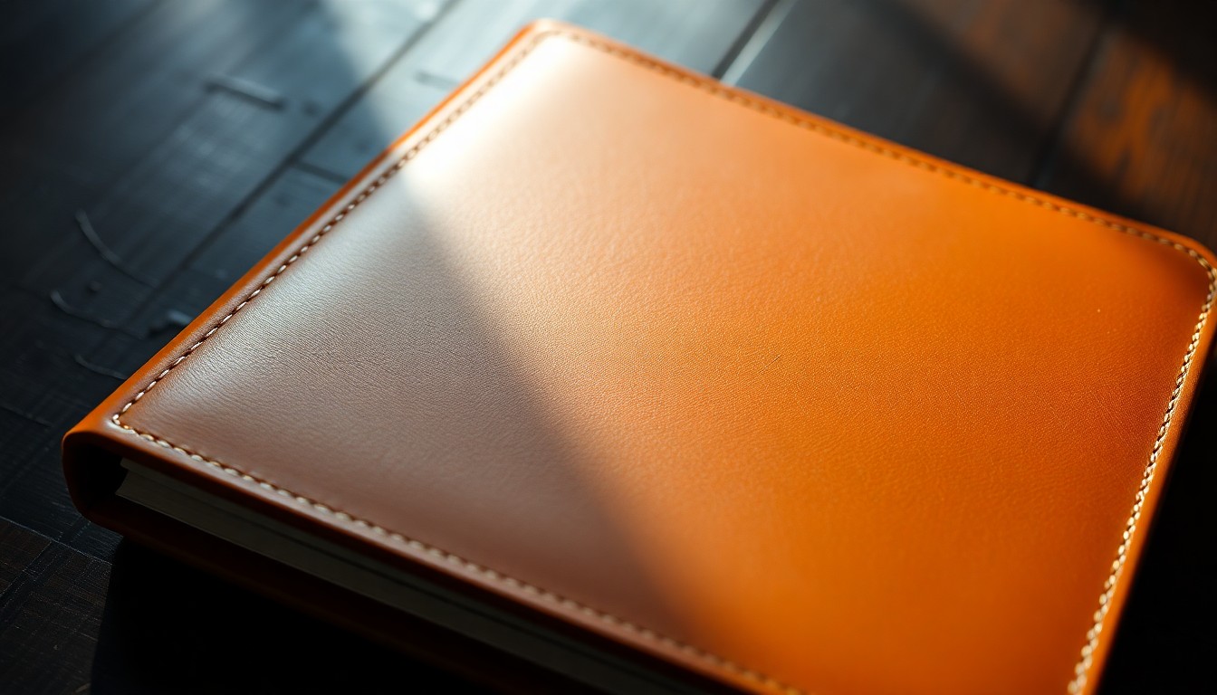 An extreme close-up photograph of a rich, textured leather notebook cover in a warm, whisky brown color, reflecting dramatic studio lighting to create a high-fashion, glamorous aesthetic.