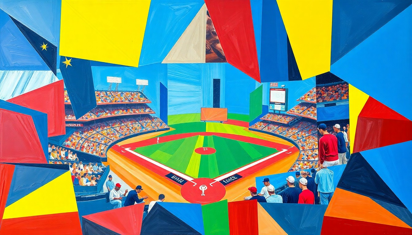 A cubist, geometric painting depicting a 3A baseball game, with the players and field broken down into sharp, overlapping planes of vibrant blue, red, and yellow colors, capturing the dynamic energy of the sport.