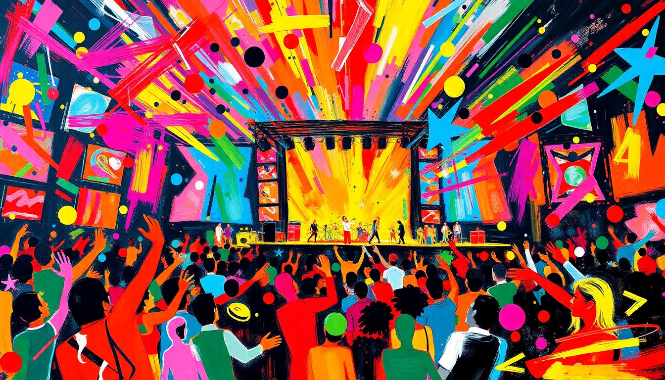 An abstract, expressionist painting featuring vibrant neon brushstrokes in shades of pink, blue, and yellow, capturing the lively atmosphere of an 80s-themed music festival.