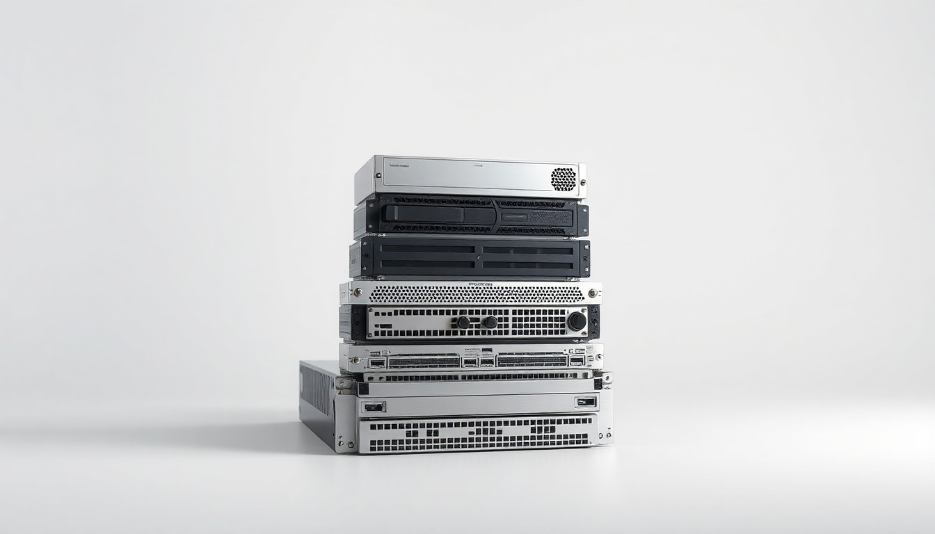 A photorealistic studio still life featuring a stack of sleek, polished computer server components arranged on a clean, monochromatic background, symbolizing the abstract corporate risks and financial consequences of export control violations.