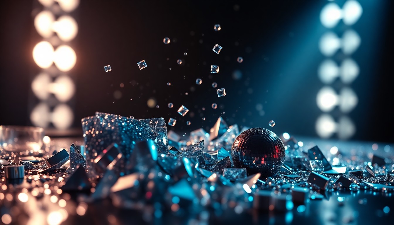An abstract close-up photograph featuring a dramatic, high-contrast composition of glittering sequins and shattered glass, evoking the luxurious, high-energy atmosphere of a major music awards show.
