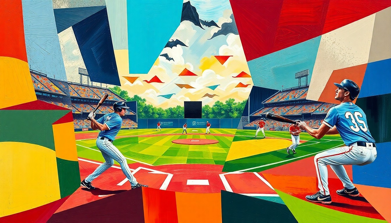 A fractured, geometric painting in bold colors depicting the dynamic motion and competition of a high school baseball game, with players, bats, and the field rendered in an abstract, cubist style.