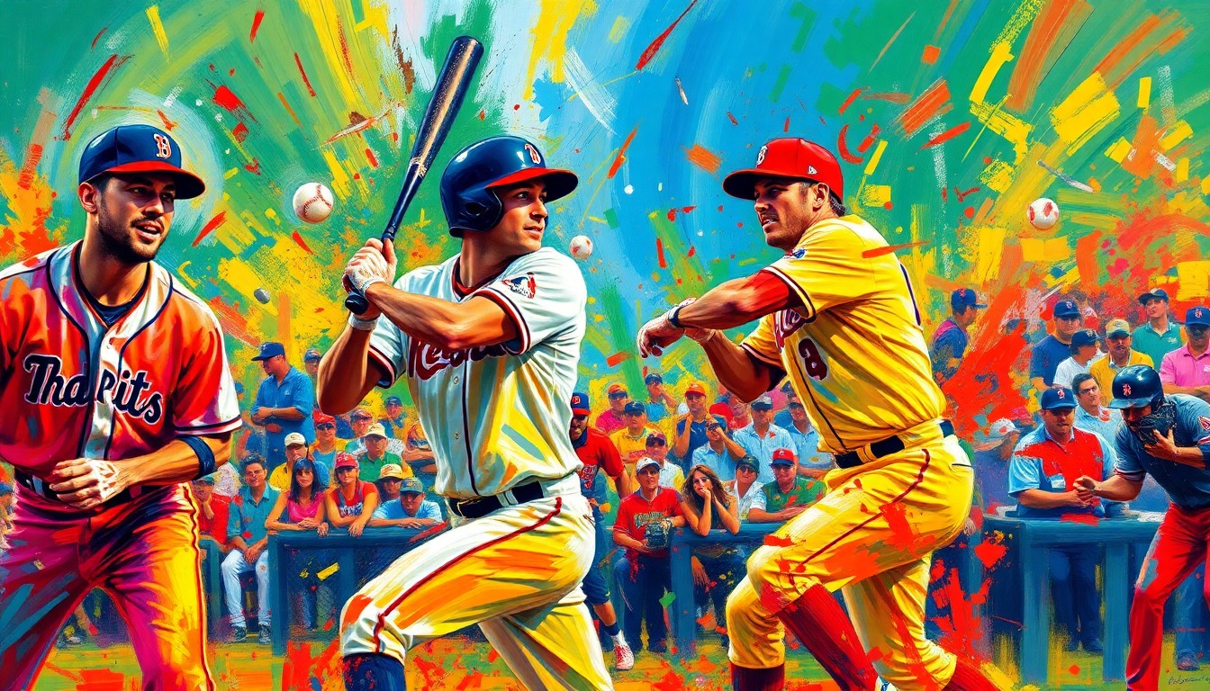 An abstract, expressionist painting in vibrant neon colors, capturing the dynamic movements and energy of a baseball game, with players' forms dissolving into unrecognizable brushstrokes.