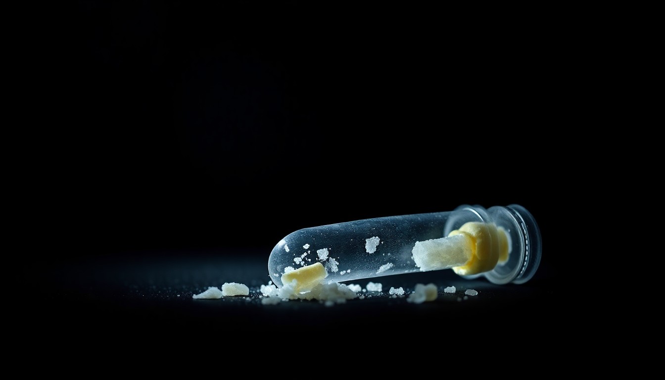 An extreme close-up photograph of a used fentanyl pipe or other drug paraphernalia, lit by a harsh, direct camera flash against a pitch-black background, conceptually illustrating the drug crisis in Seattle's homeless housing facilities.