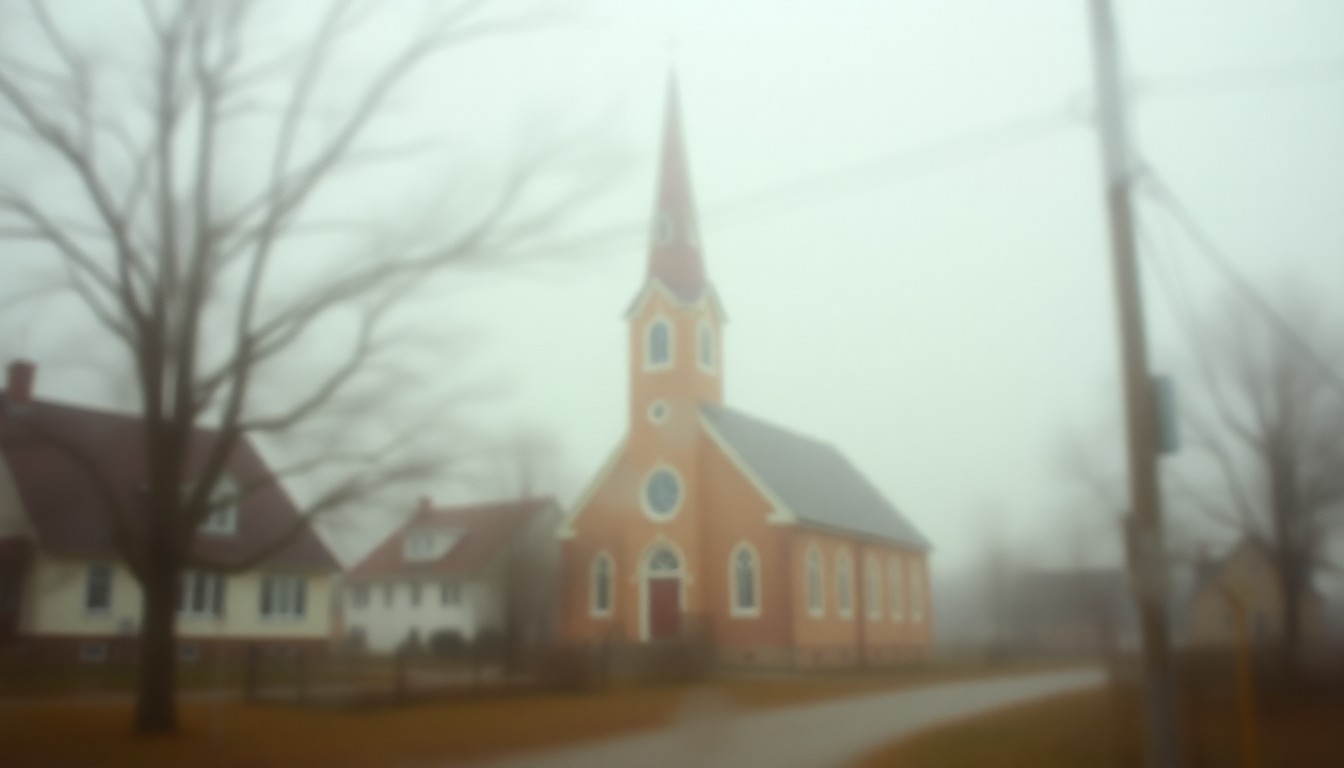 An extremely blurred, impressionistic photograph showing the soft, warm glow of light filtering through rain-streaked glass, evoking the somber yet reflective mood of a small-town funeral service.