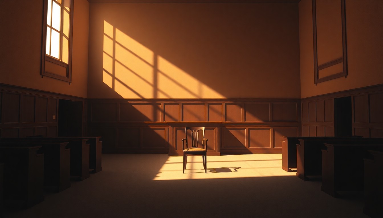 A quiet, cinematic painting of an empty courtroom chair bathed in warm, diagonal sunlight and deep shadows, conceptually representing the absence and deterrence of domestic violence victims from seeking justice.