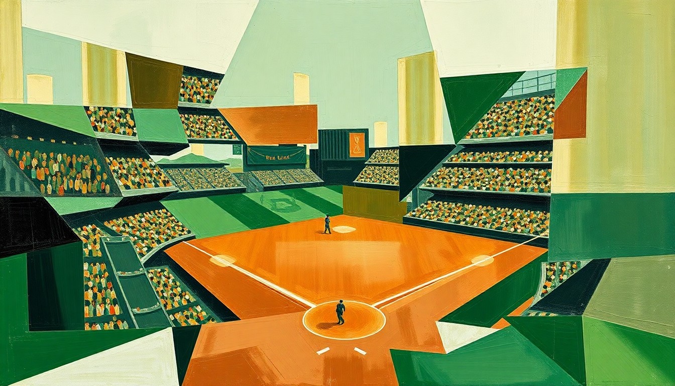 A fragmented, geometric painting depicting the dynamic motion and competition of a baseball game, with overlapping planes of green, brown, and white.
