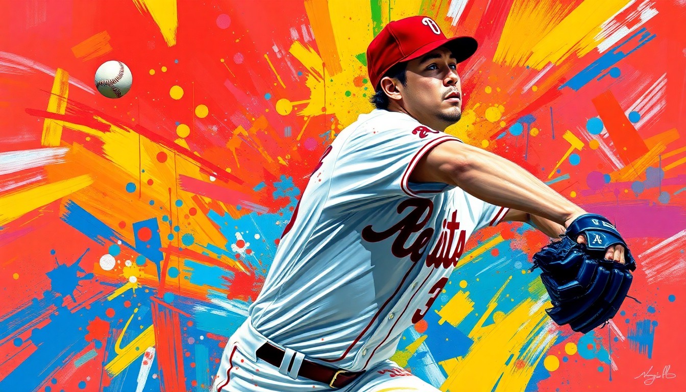 An extreme close-up of Shohei Ohtani's pitching motion, with his face and uniform details obscured by vibrant, expressionist brushstrokes in neon colors, capturing the raw energy and power of his performance on the mound.