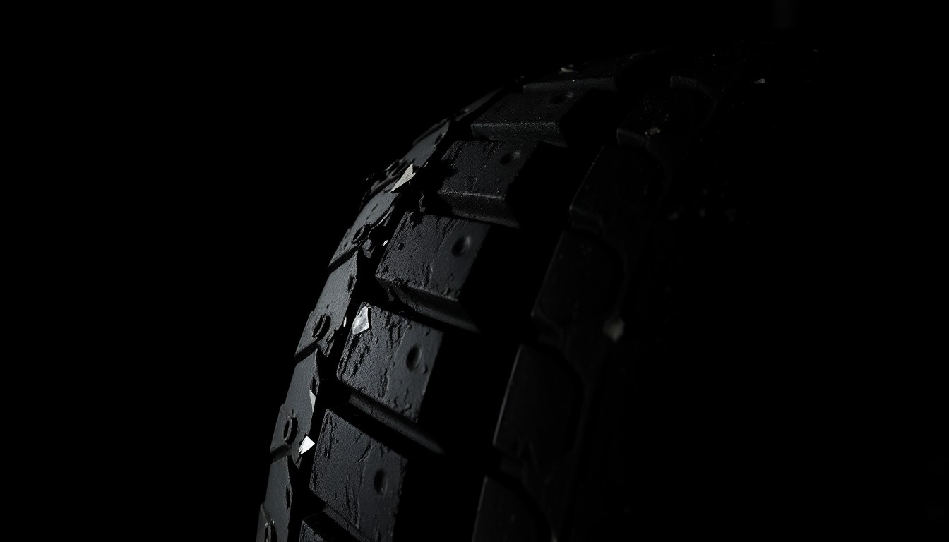 An extreme close-up photograph of a damaged train coupler or semi-truck tire tread, capturing the stark, gritty aftermath of a collision between the two vehicles.