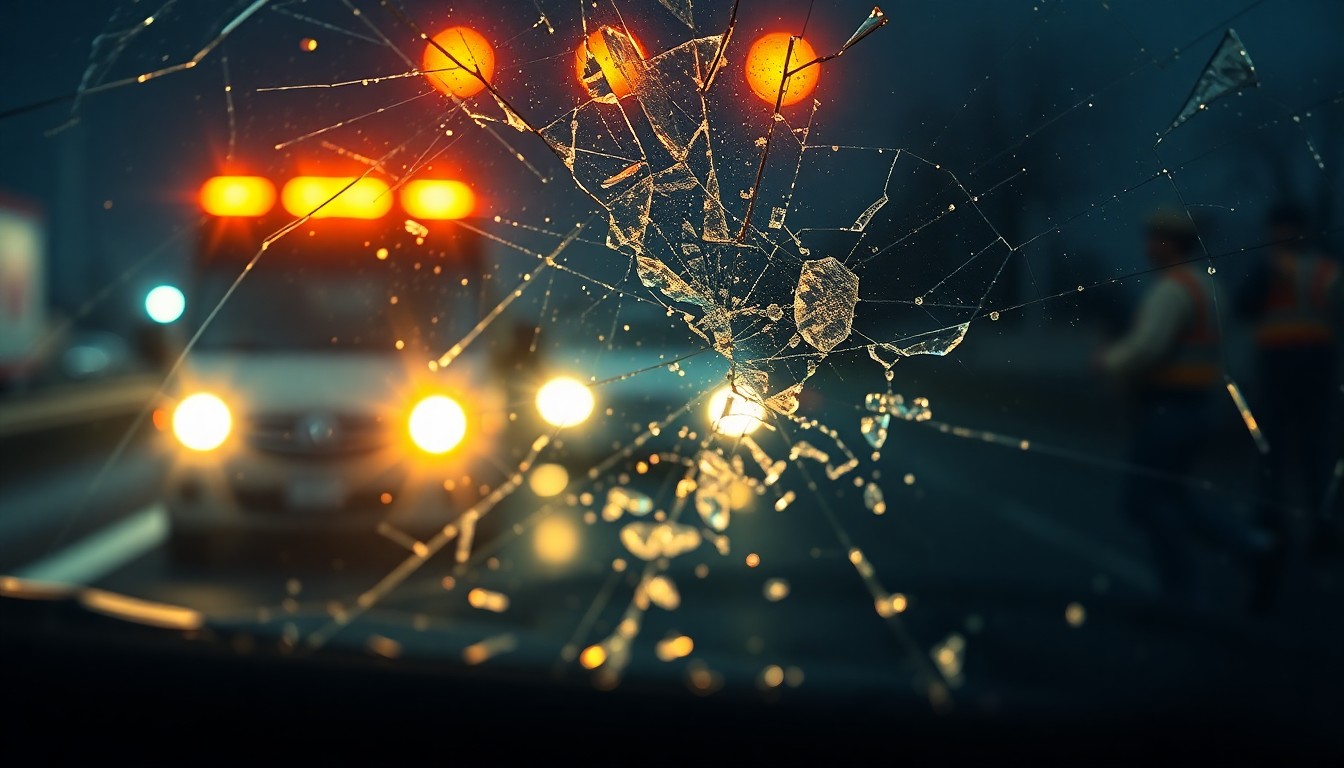 An abstract close-up image of a shattered car windshield reflecting the flashing lights of an emergency vehicle, conveying the dramatic aftermath of a serious collision.