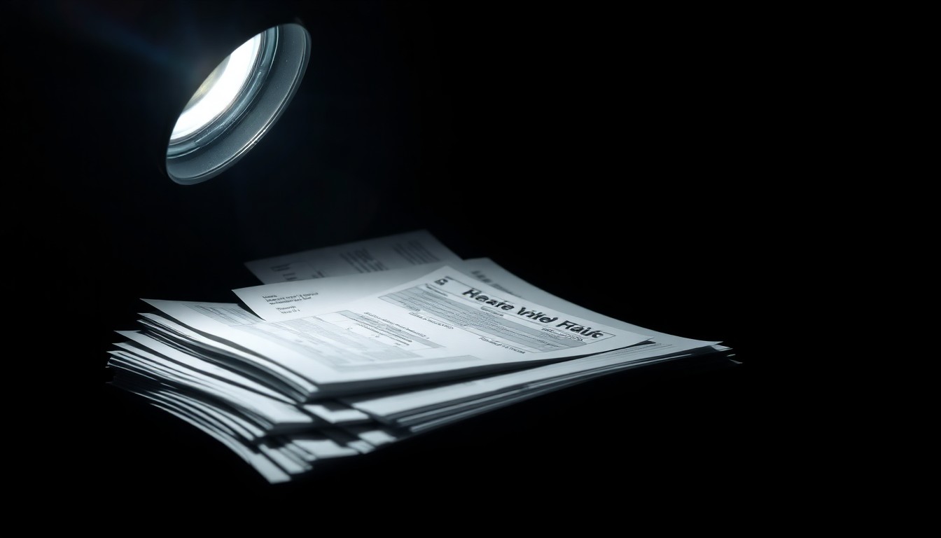 An extreme close-up of a stack of medical bills and paperwork, lit by a harsh, direct flash against a dark background, conceptually representing the investigative nature of uncovering healthcare fraud.