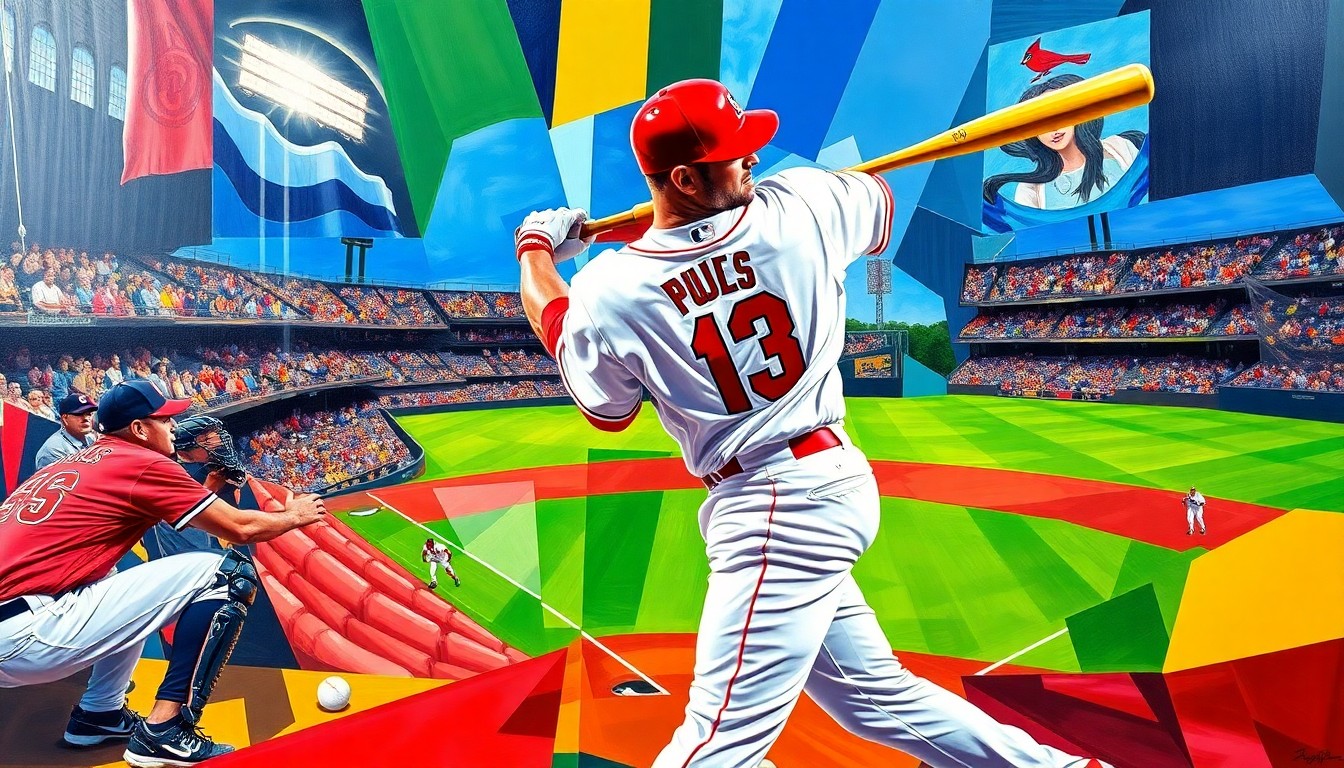 A fractured, multi-perspective painting depicting Albert Pujols' baseball swing and career highlights, rendered in a cubist style with sharp, overlapping geometric planes and vibrant colors.