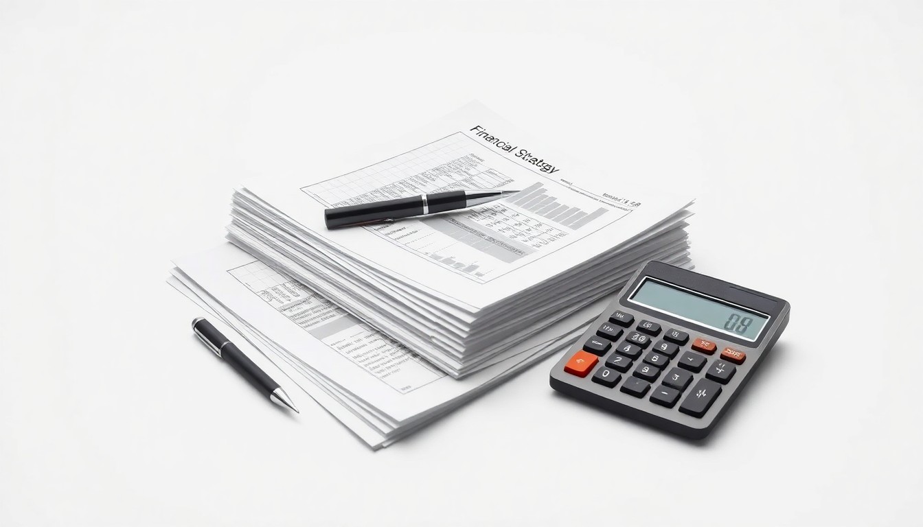 A photorealistic studio still life featuring a stack of financial reports, a pen, and a calculator arranged on a clean white background, symbolizing corporate strategy and financial analysis.