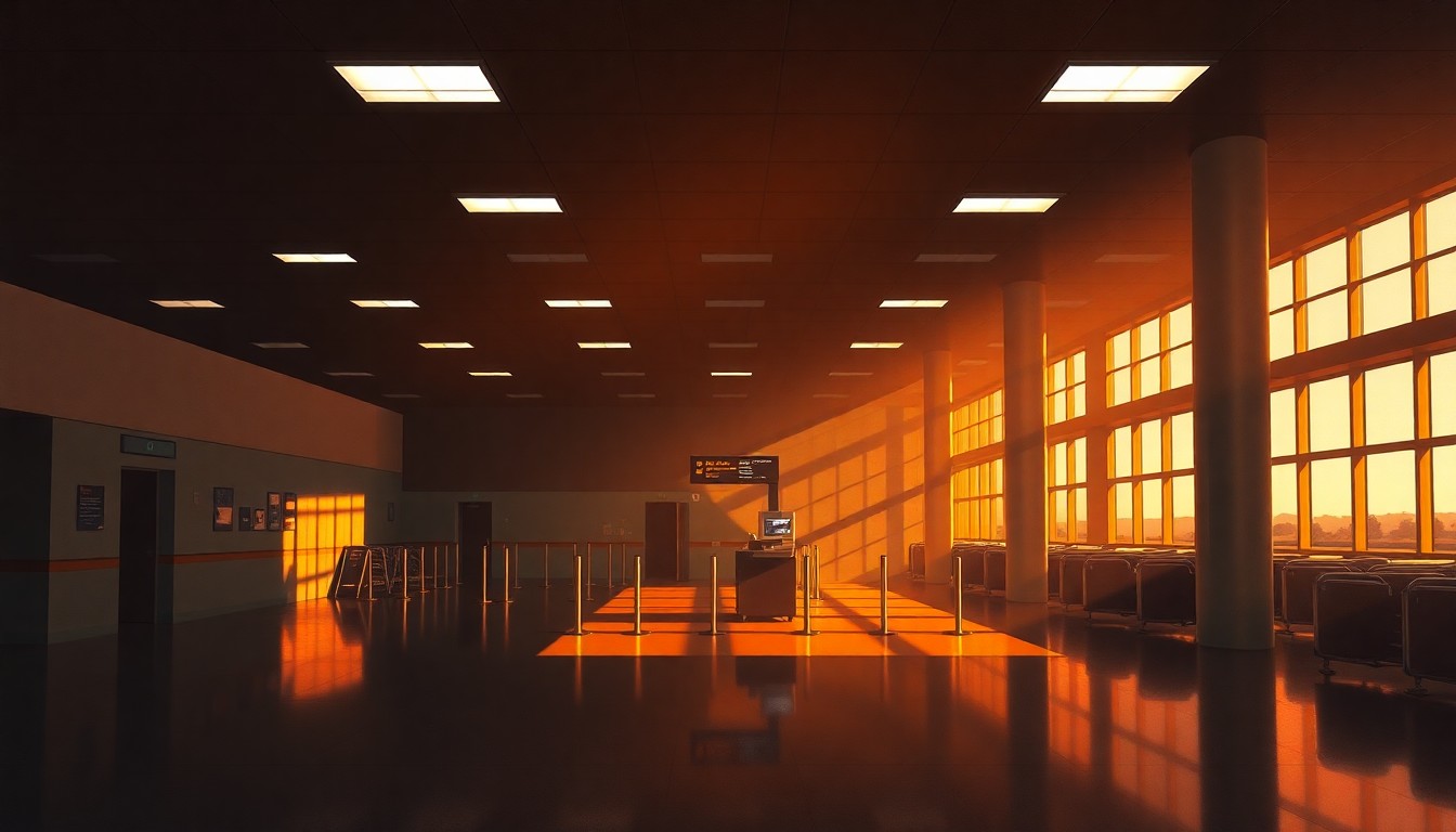 A serene, photorealistic painting of an empty airport security checkpoint, with warm sunlight streaming in through large windows and creating deep shadows across the floor and walls. The scene has a quiet, contemplative mood that evokes the work of American painter Edward Hopper.