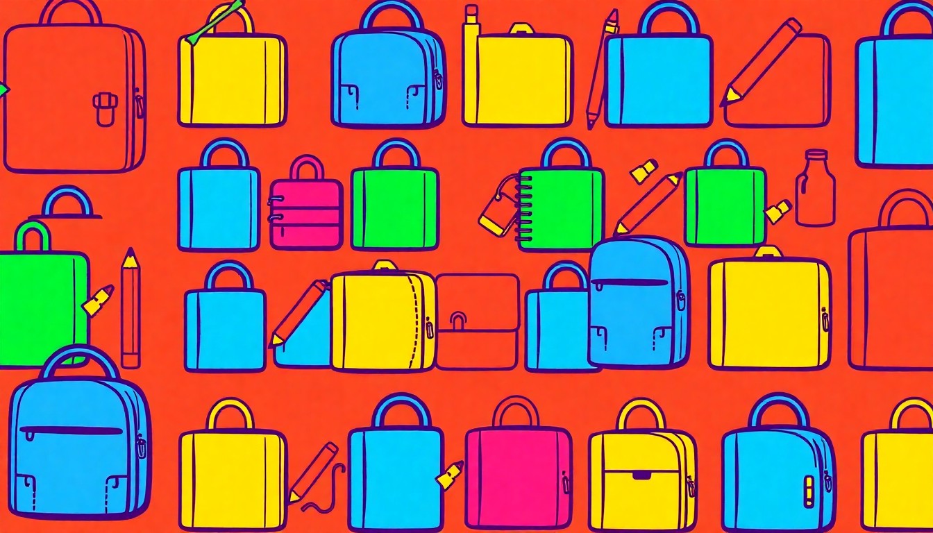 A brightly colored, high-contrast silkscreen-style illustration of school supplies like pencils, notebooks, and backpacks repeated in a grid pattern, conveying the concept of increased funding and resources for public education in Alaska.