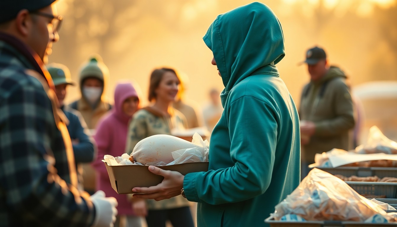 An extremely abstracted, out-of-focus photograph shot through condensation or rain-streaked glass, depicting a warm, blurred scene of volunteers distributing Easter meal packages to a group of people, conceptually representing the community spirit and holiday celebration of the 'Hams for Heroes' event.