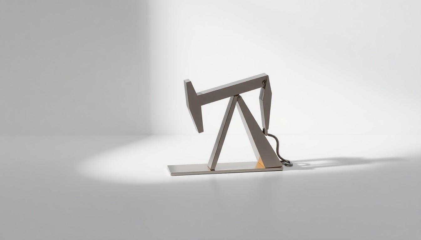 A highly polished, geometric metal sculpture in the shape of an oil pump jack, resting on a clean, monochromatic background and dramatically lit to conceptually represent the energy industry's evolving corporate strategies.