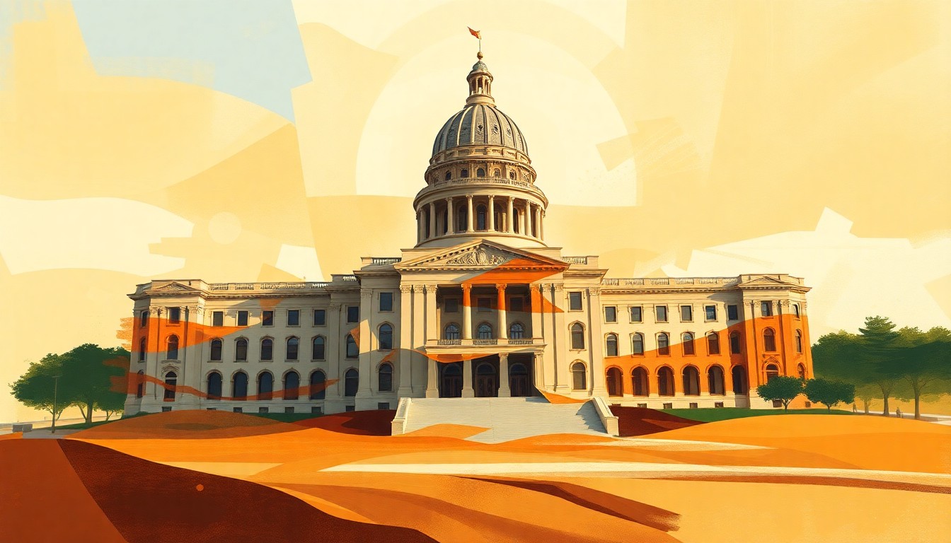 A vibrant, abstract painting depicting a state capitol building in motion, with overlapping geometric shapes and waves of warm, earthy tones, conceptually representing the dynamic efforts to address housing affordability and renter protections.
