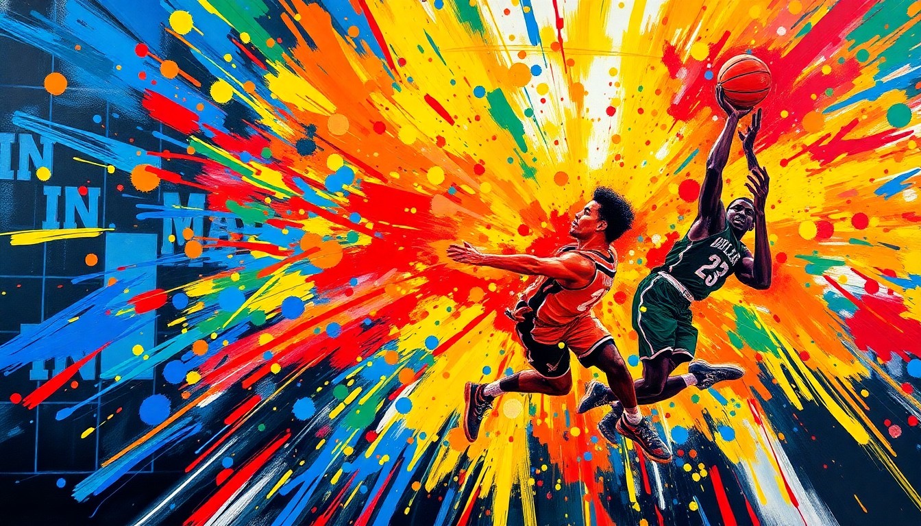 An abstract expressionist painting in vibrant neon colors, with rapid brushstrokes capturing the frenetic energy and excitement of a college basketball tournament crowd cheering on their team.