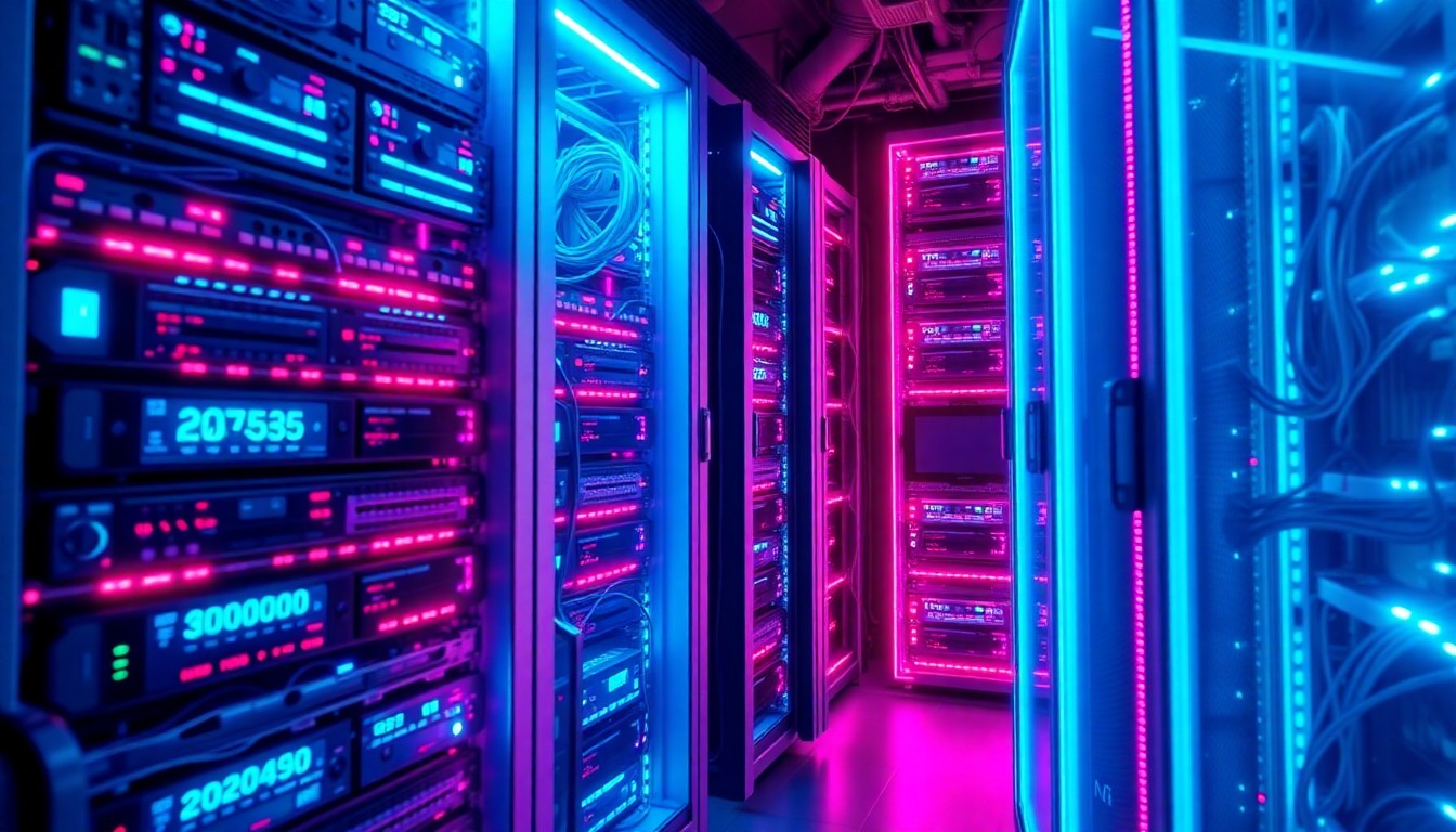 A highly detailed, 3D macro illustration of a glowing, neon-lit data center server rack, its complex components and cables illuminating the scene in shades of electric blue and magenta, representing the technological and environmental tensions surrounding the proposed data center construction ban.
