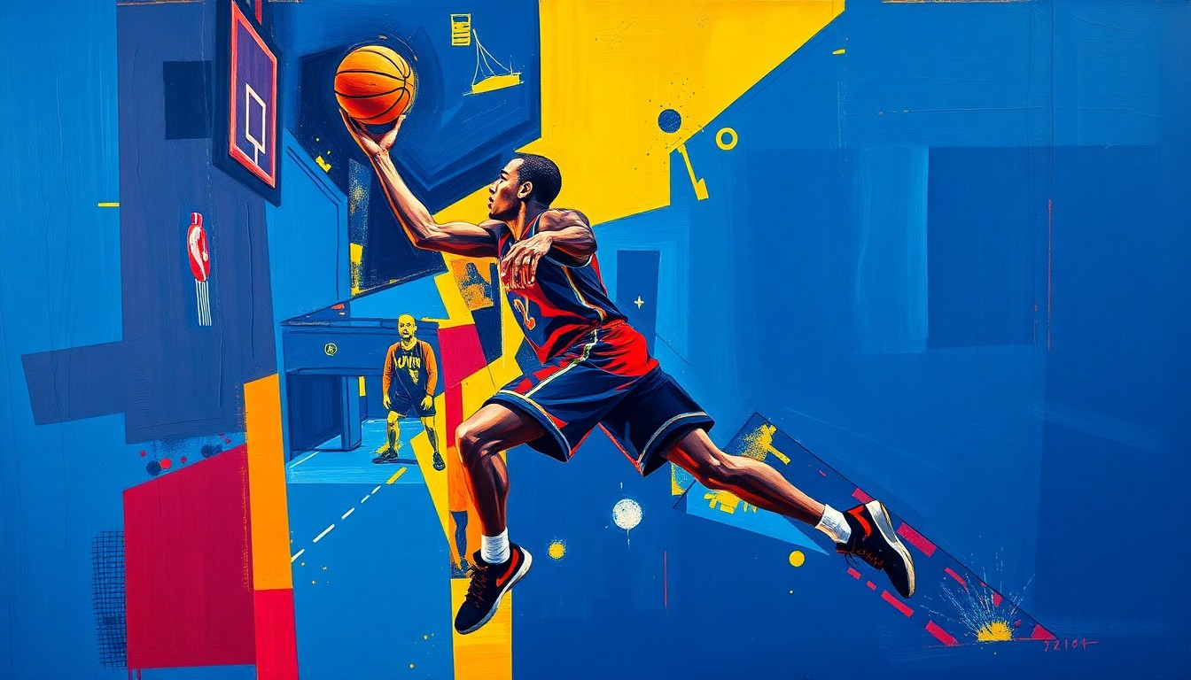 A fragmented, geometric painting depicting a basketball player's actions broken down into sharp, overlapping planes of navy blue, crimson red, and golden yellow, conveying the conceptual idea of a player's transfer decision.
