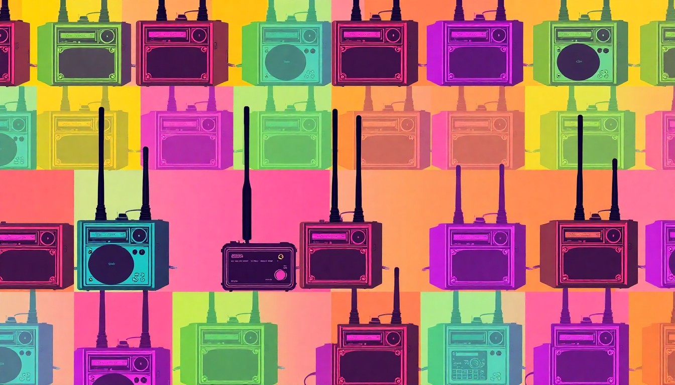A bold, colorful silkscreen-style illustration featuring a repeating pattern of a tactical radio repeater unit, rendered in vibrant neon hues and high-contrast black outlines, capturing the modern, technology-driven nature of emergency communications equipment.