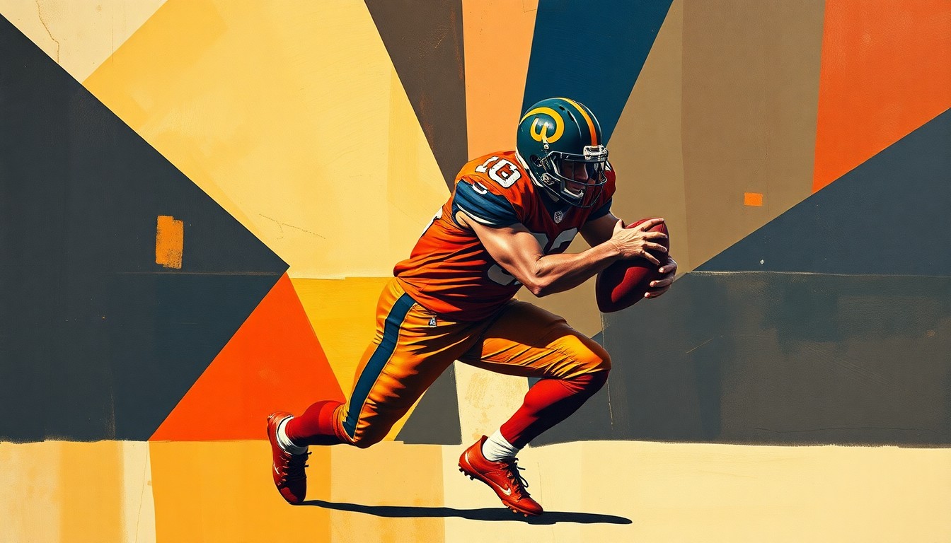 A cubist-style painting depicting a football player in mid-sack motion, with their body broken down into sharp, overlapping geometric shapes in earthy tones, conceptually representing the potential trade of a dominant defensive player.